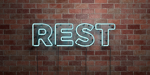 REST - fluorescent Neon tube Sign on brickwork - Front view - 3D rendered royalty free stock picture. Can be used for online banner ads and direct mailers.
